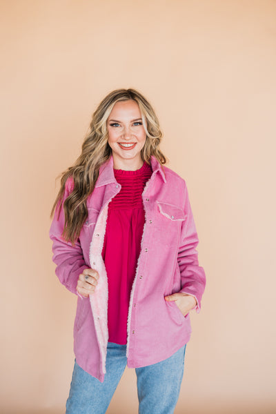 Barbie Pink Corduroy Sherpa Lined Shacket