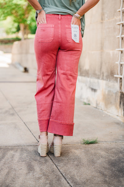 High Rise Wide Leg Cuffed Jeans- Dark Rose