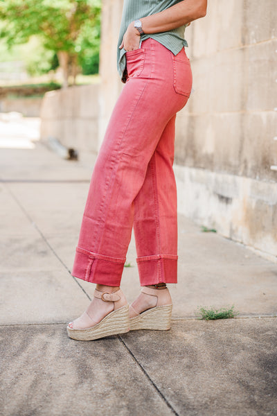 High Rise Wide Leg Cuffed Jeans- Dark Rose