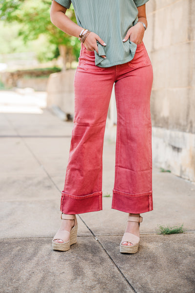 High Rise Wide Leg Cuffed Jeans- Dark Rose