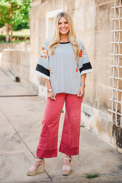 High Rise Wide Leg Cuffed Jeans- Dark Rose