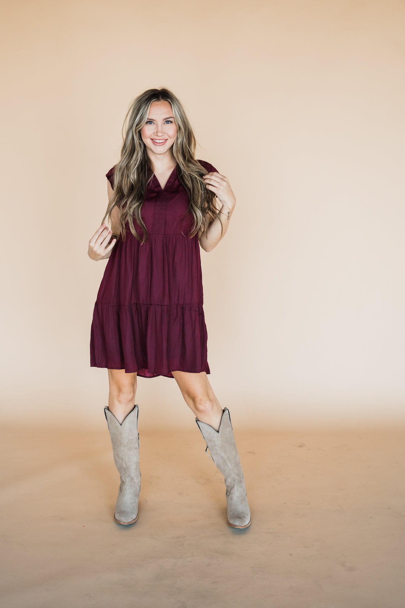 Burgundy Satin Tier Mini Dress