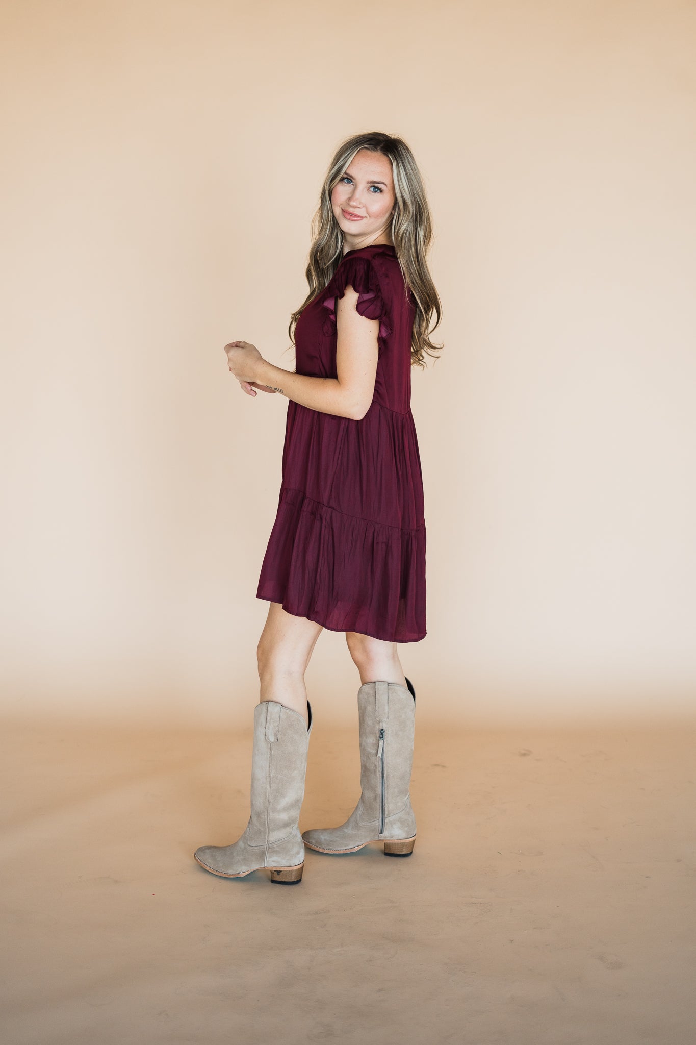 Burgundy Satin Tier Mini Dress