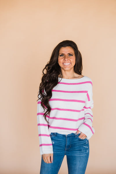 Ivory and Pink Stripe Ribbed Pullover Sweater