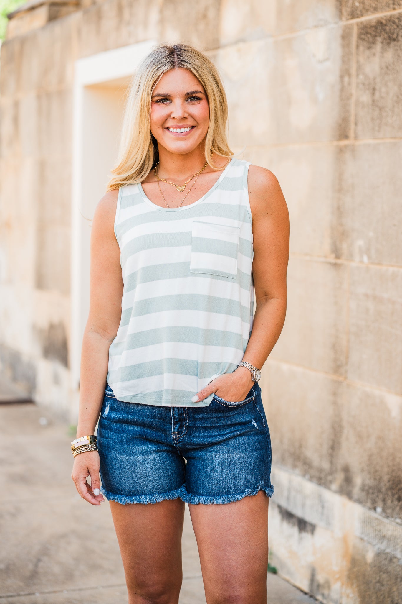 Sage Stripe Knit Tank Top