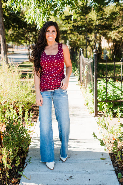 Micro Burgundy Floral Crew Tank