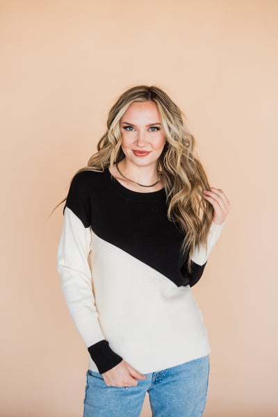 Black and Cream Asymmetrical Color Block Sweater