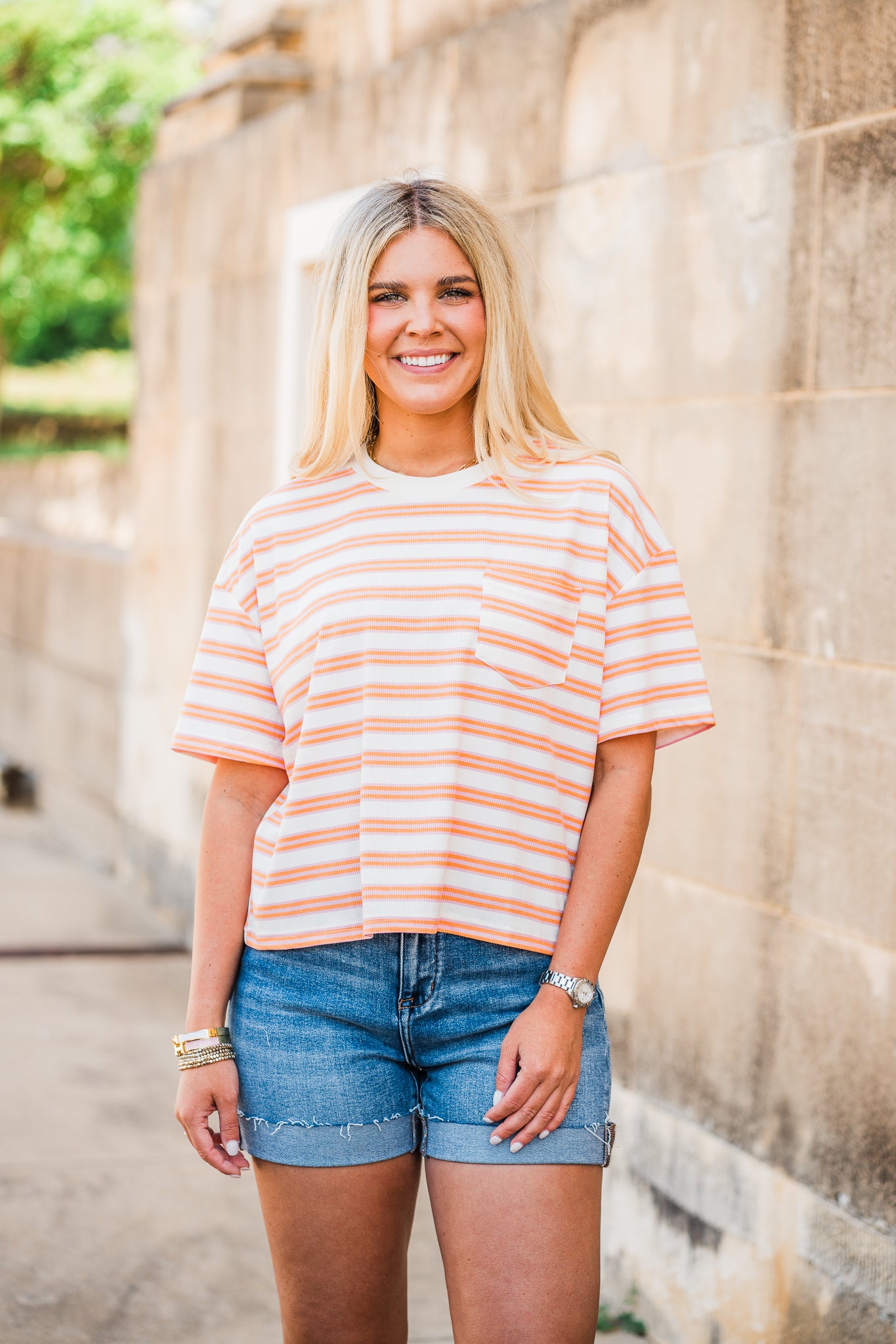 Pink & Orange Striped Drop Shoulder Knit Top