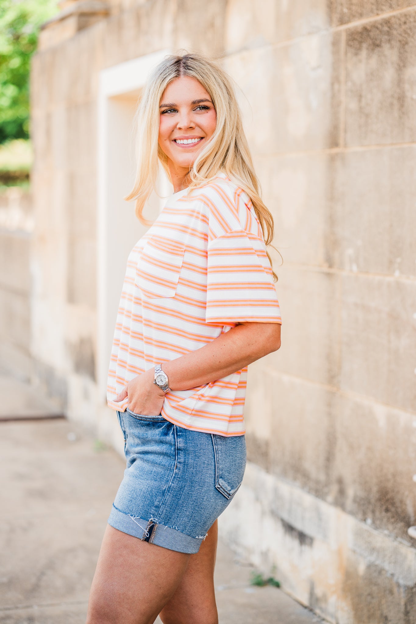 Pink & Orange Striped Drop Shoulder Knit Top