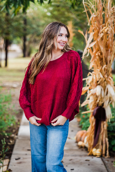 Burgundy Cable Knit Dolman Sweater