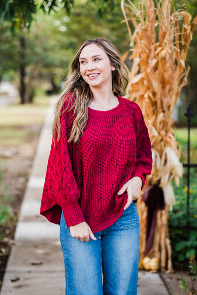 Burgundy Cable Knit Dolman Sweater