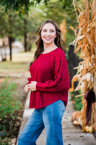 Burgundy Cable Knit Dolman Sweater