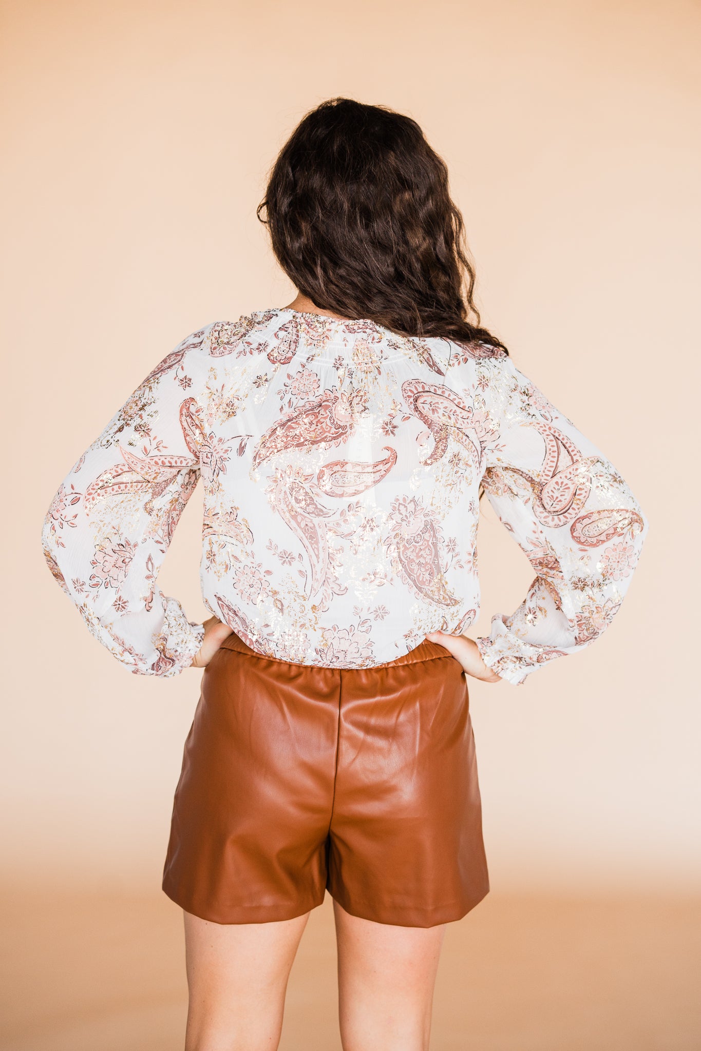 Metallic Paisley and Floral Tie Neck Long Sleeve Blouse