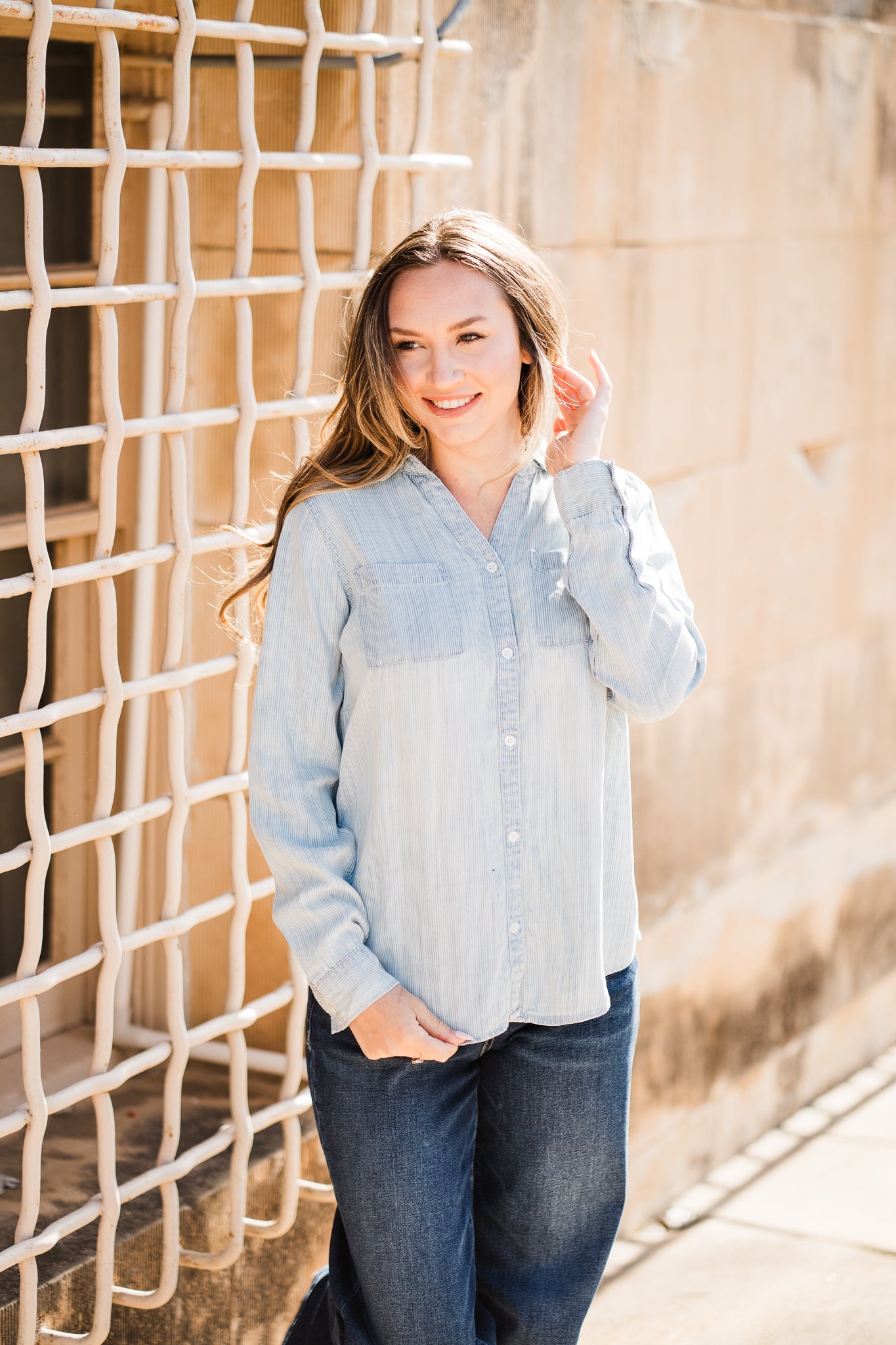 Ginger Top- Blue Mia Pinstripe