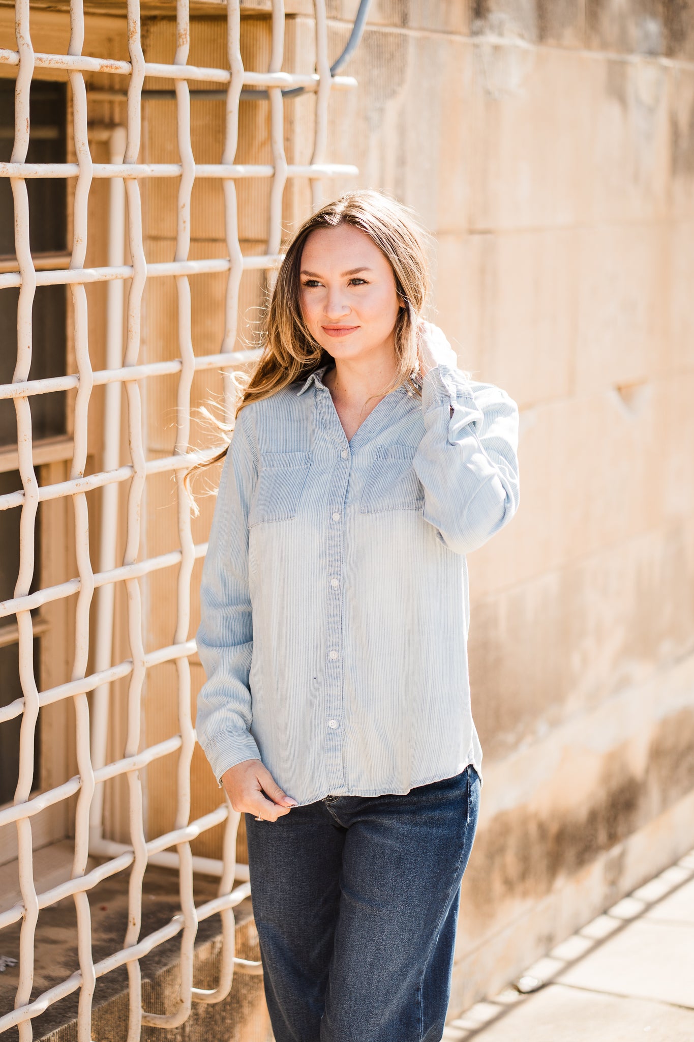 Ginger Top- Blue Mia Pinstripe