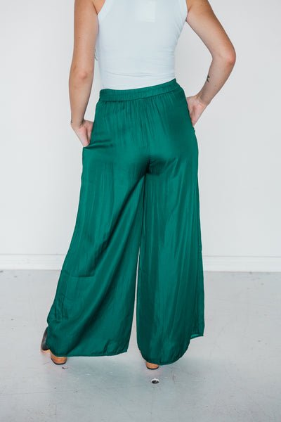 Hunter Green Light Satin Wide Leg Pants
