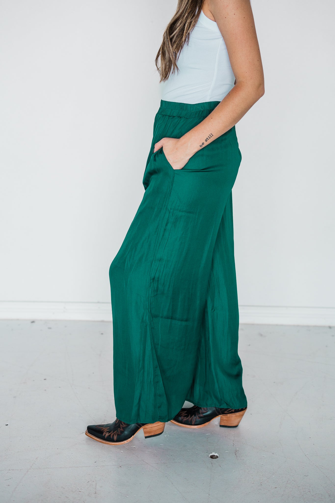 Hunter Green Light Satin Wide Leg Pants