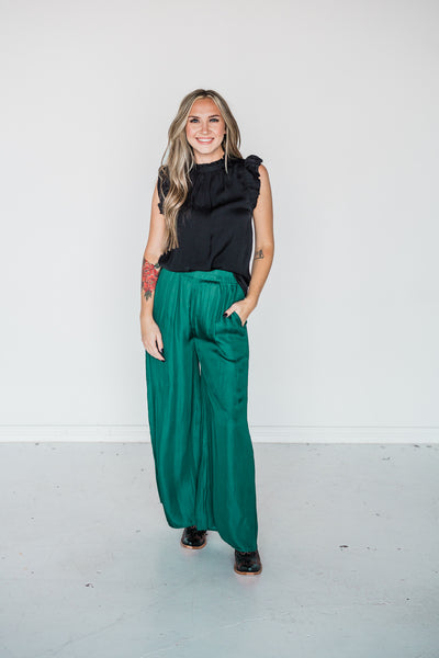 Hunter Green Light Satin Wide Leg Pants