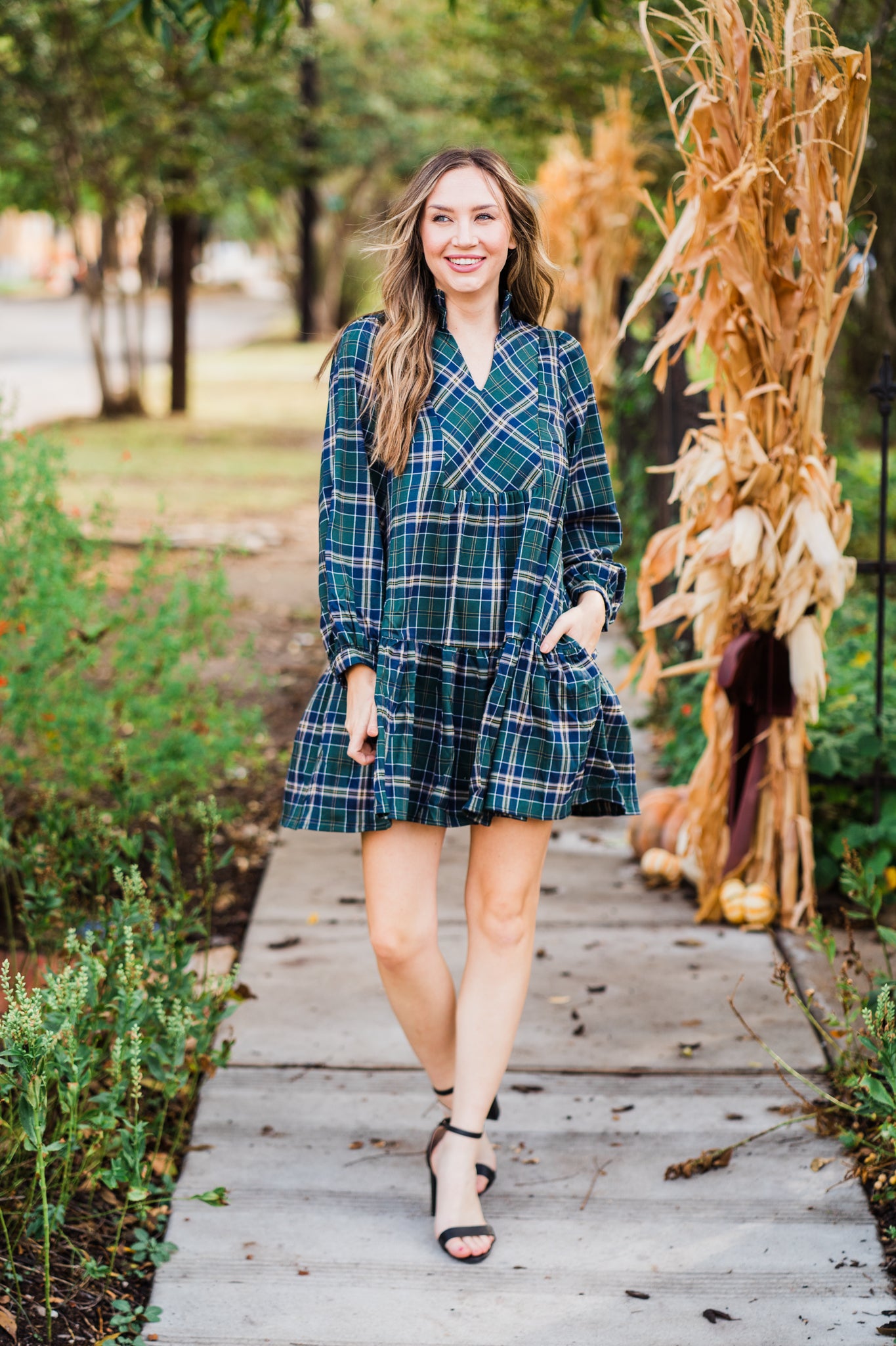 Emerald & Navy Plaid V-Neck Dress