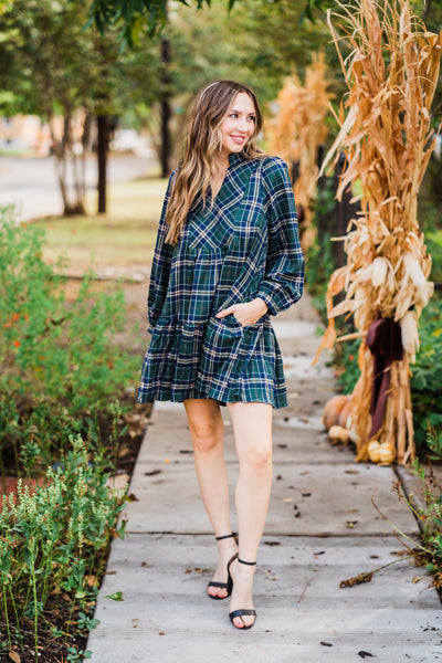 Emerald & Navy Plaid V-Neck Dress