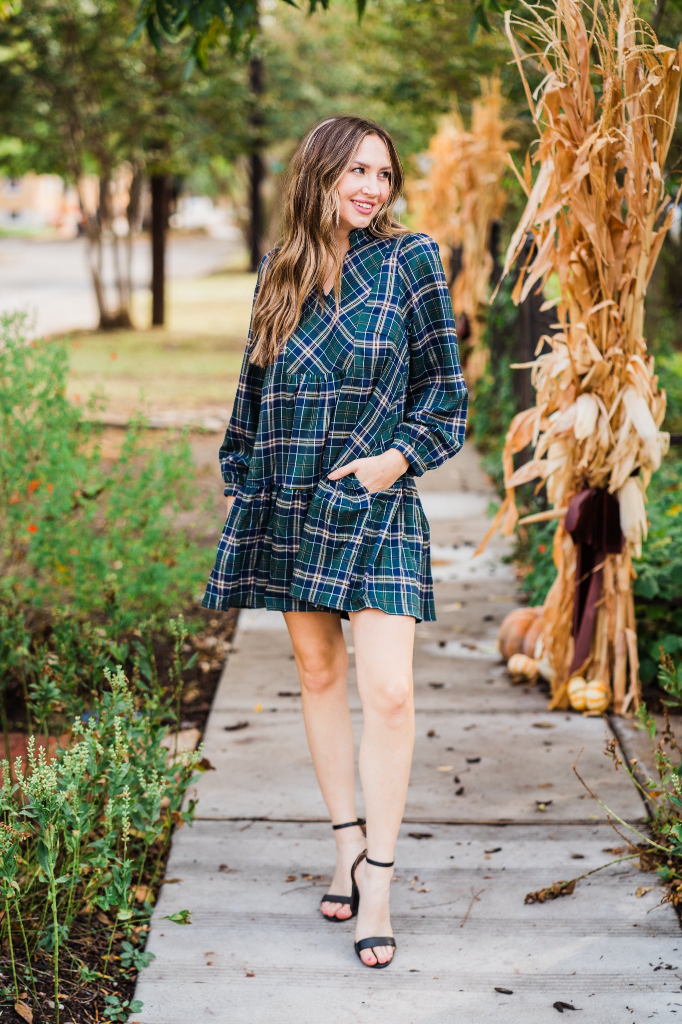 Emerald & Navy Plaid V-Neck Dress