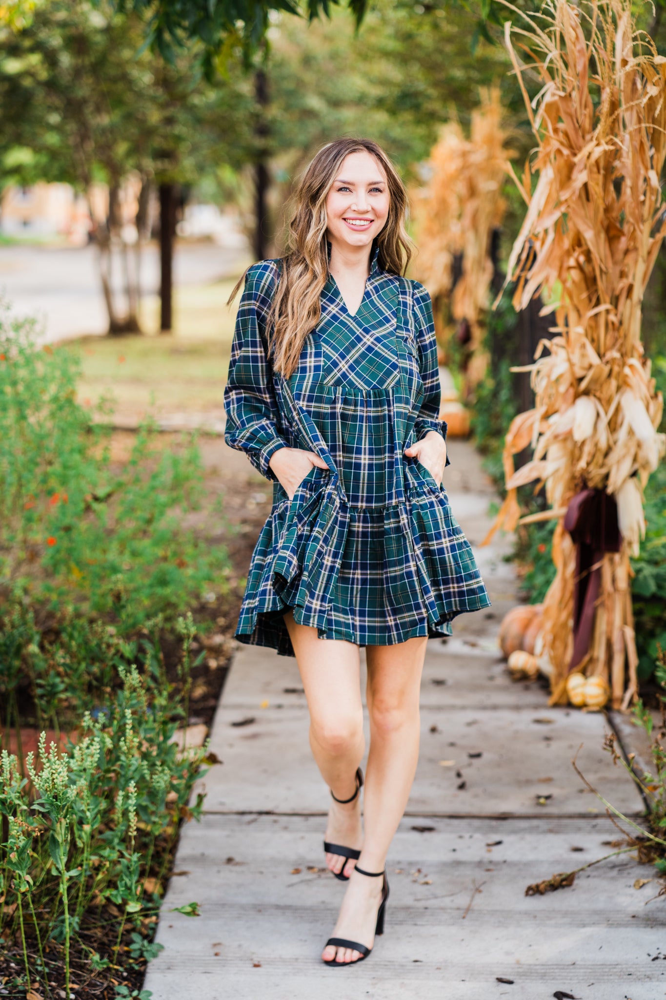 Emerald & Navy Plaid V-Neck Dress