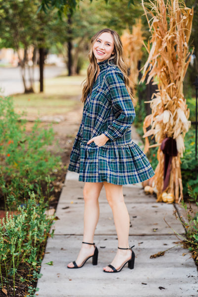 Emerald & Navy Plaid V-Neck Dress