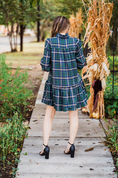 Emerald & Navy Plaid V-Neck Dress