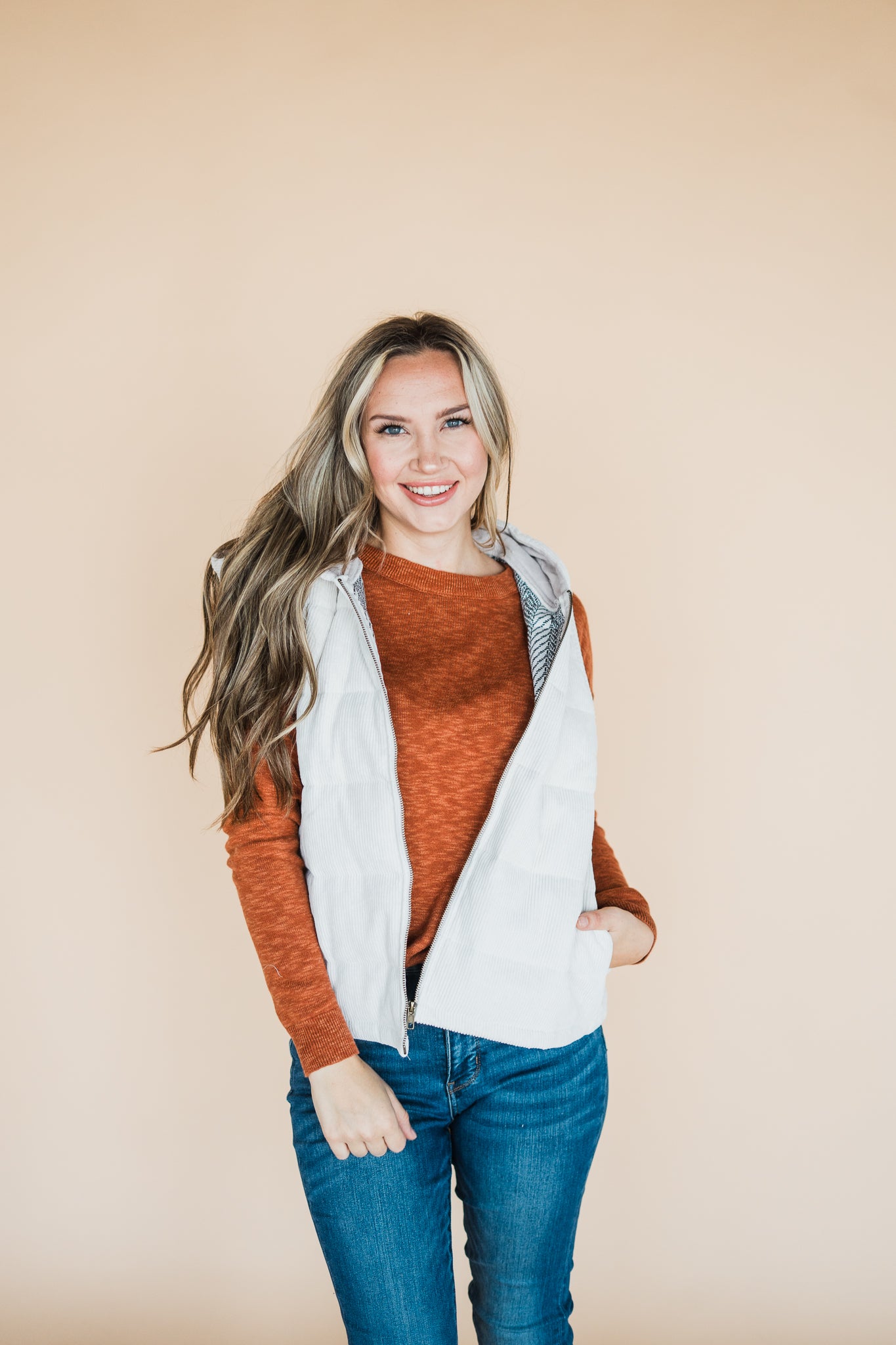 Winter White Quilted Corduroy Hooded Zipper Front Vest