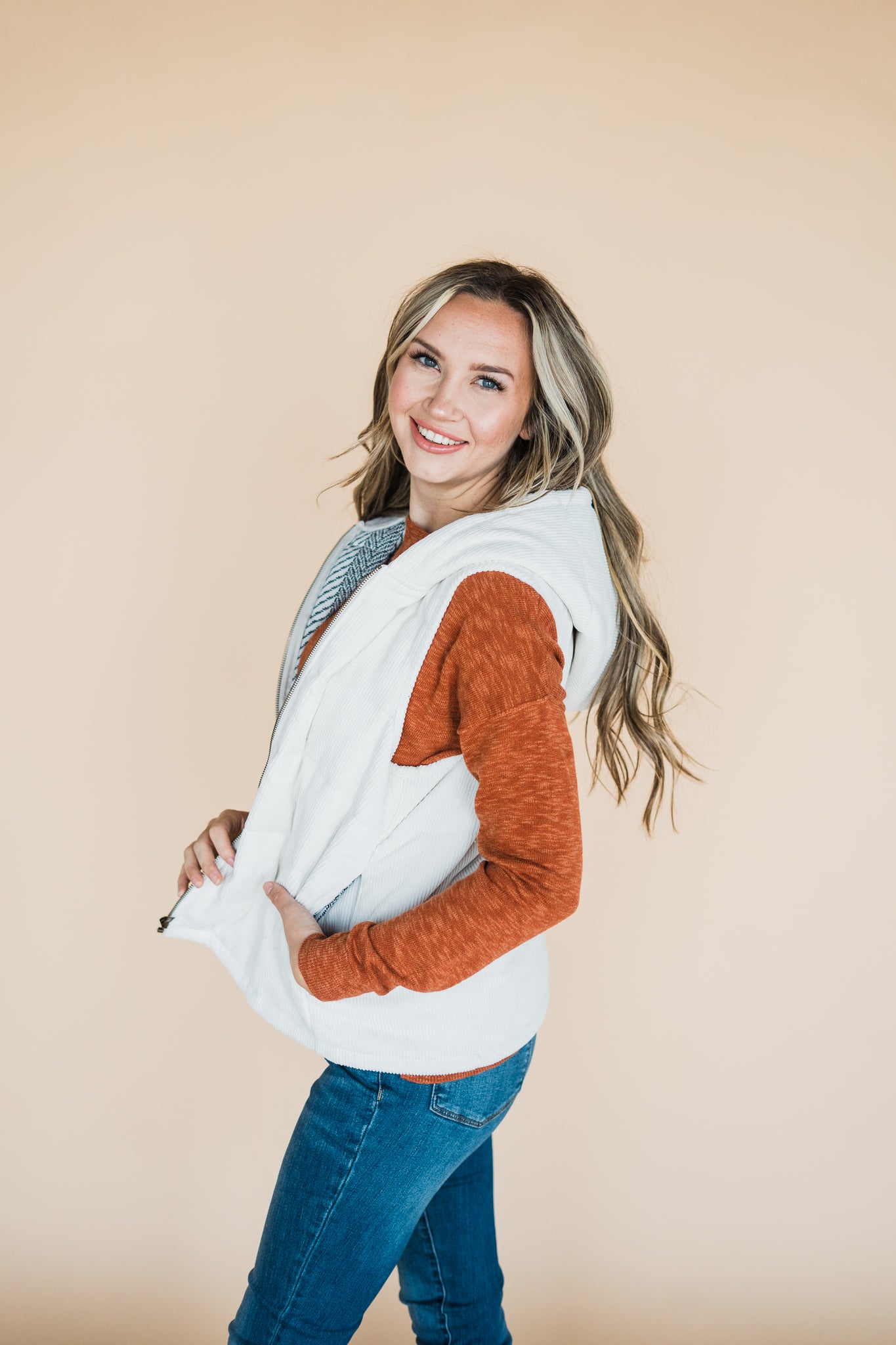 Winter White Quilted Corduroy Hooded Zipper Front Vest