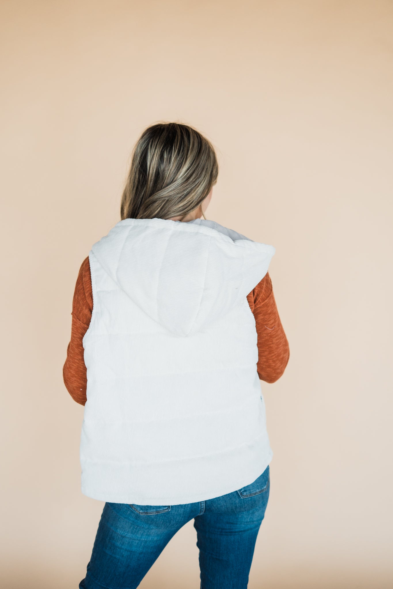 Winter White Quilted Corduroy Hooded Zipper Front Vest