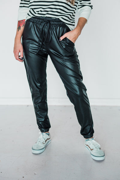 Black Faux Leather Joggers