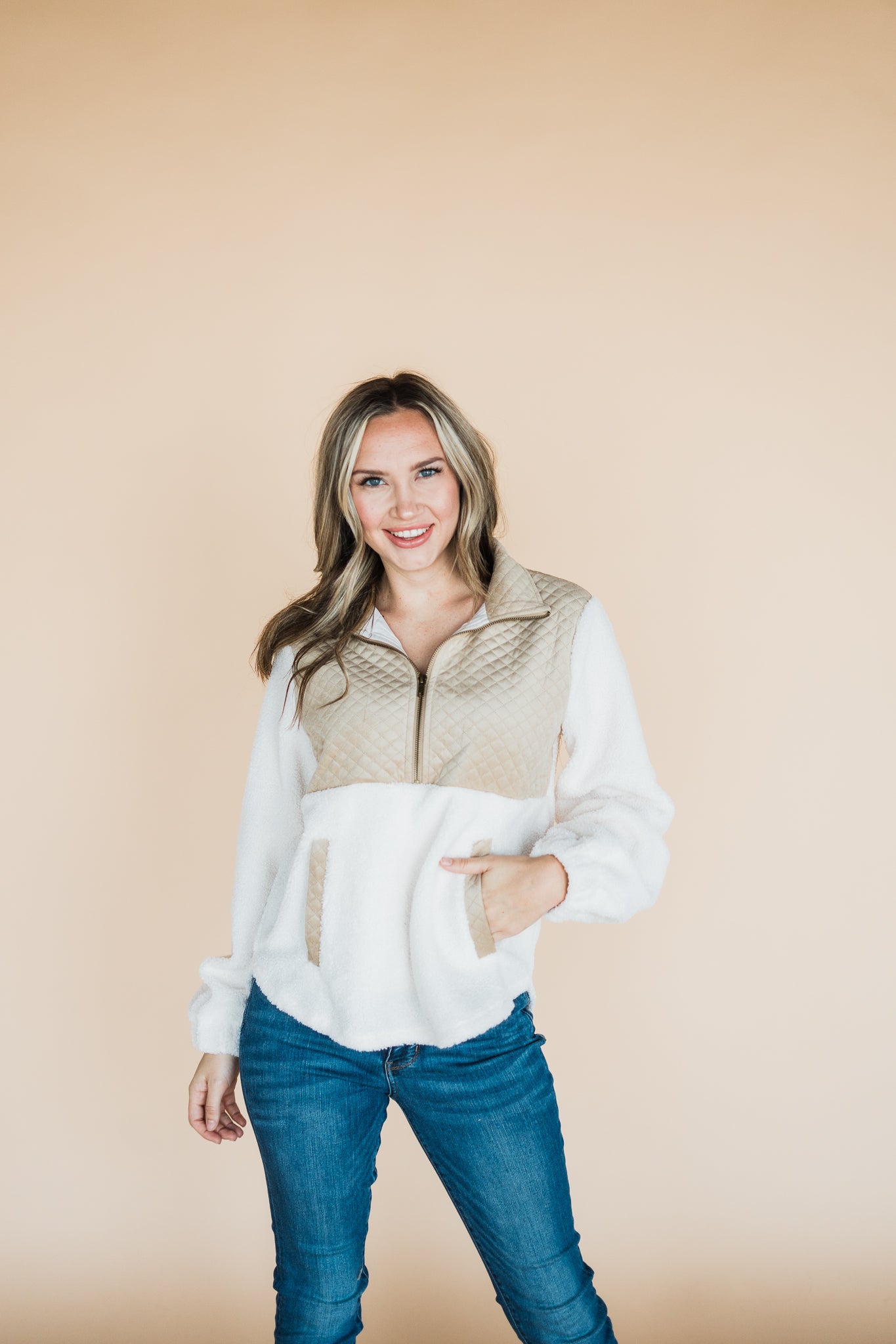 Cream Taupe Quilted 1/4 Zip Sherpa Top