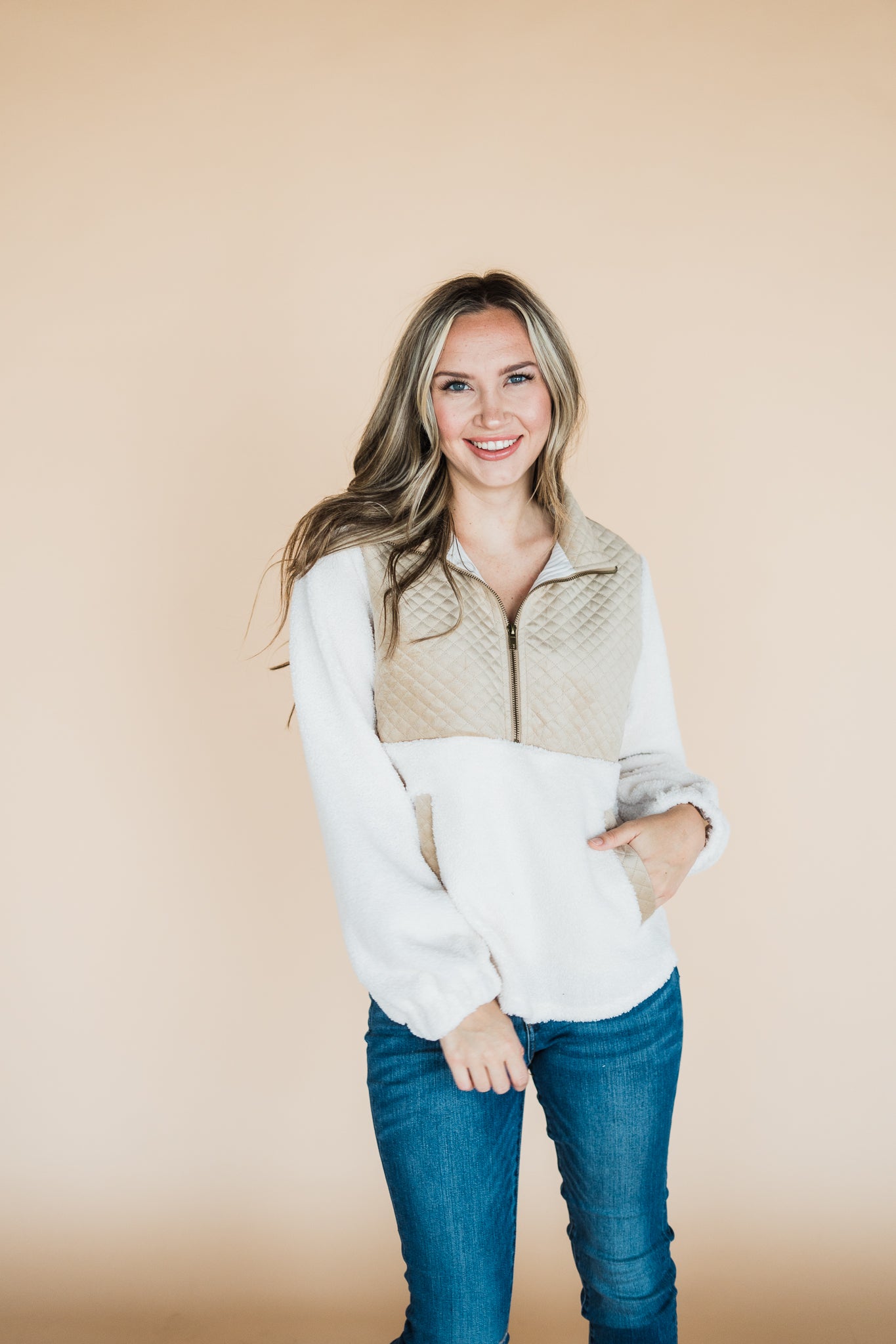 Cream Taupe Quilted 1/4 Zip Sherpa Top