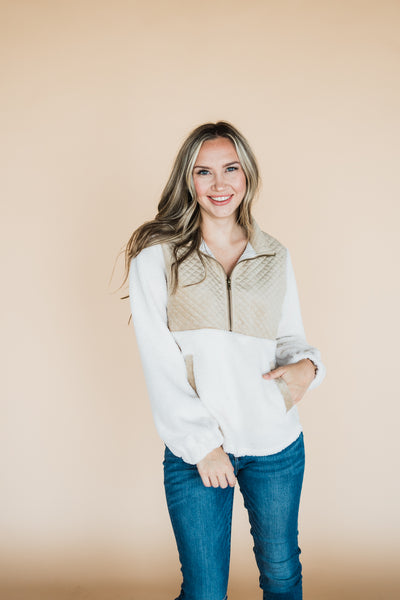 Cream Taupe Quilted 1/4 Zip Sherpa Top