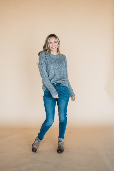Heather Grey Cable Sweater with Satin Tie Back