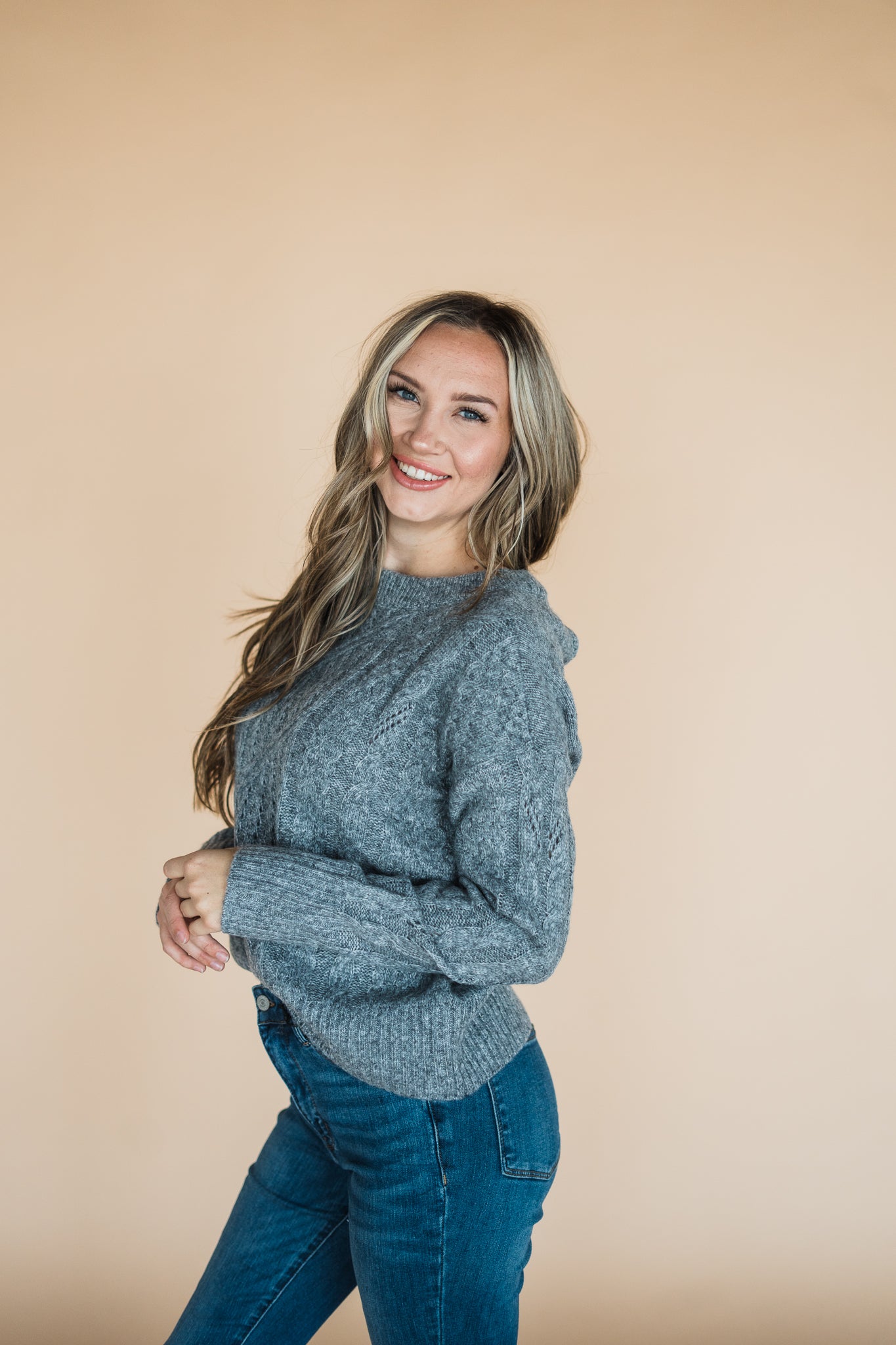 Heather Grey Cable Sweater with Satin Tie Back