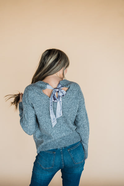 Heather Grey Cable Sweater with Satin Tie Back