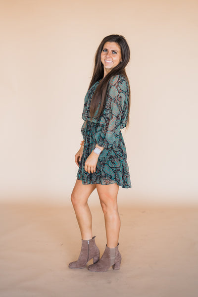 Black and Green Paisley Long Sleeve Mini Dress