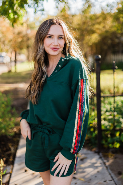 Dark Green Snap Pullover with Sequins