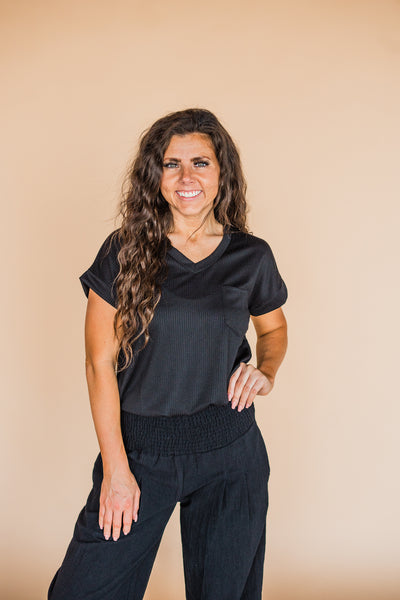 Black V Neck Dolman Short Sleeve Sweater Top