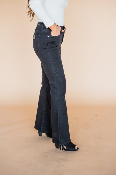 Black High Rise Button Fly Flare Jeans