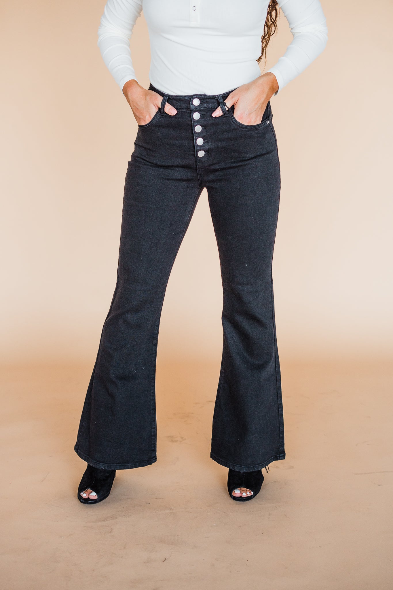 Black High Rise Button Fly Flare Jeans
