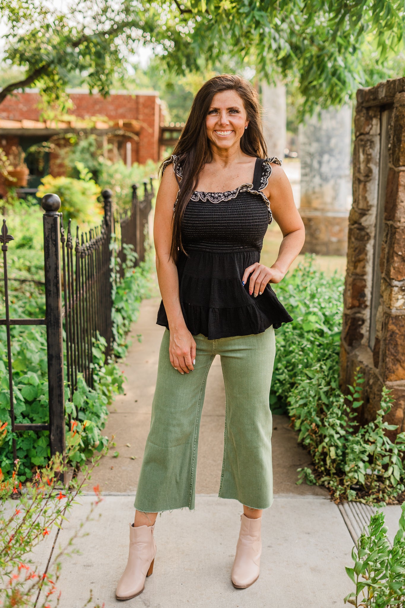 Embroidered Black Ruffle Tank