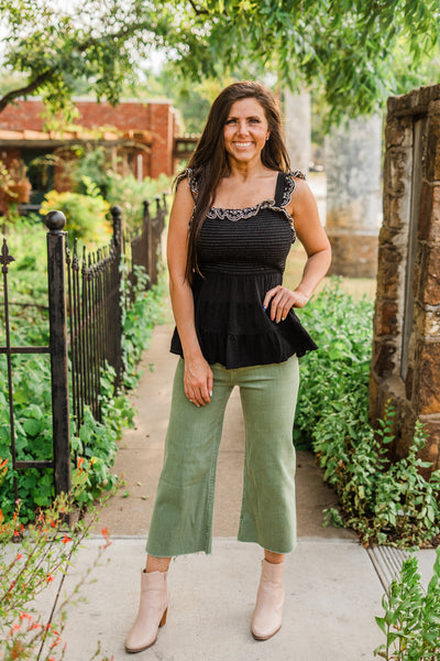 Embroidered Black Ruffle Tank