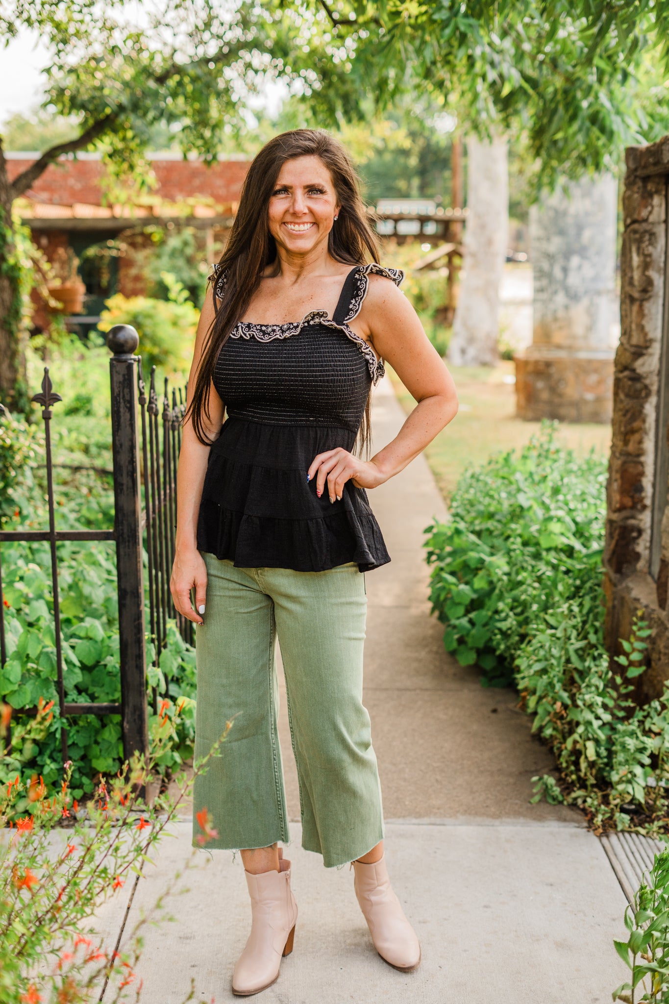 Embroidered Black Ruffle Tank