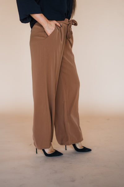 Caramel Tie Waist Crepe Wide Leg Trousers