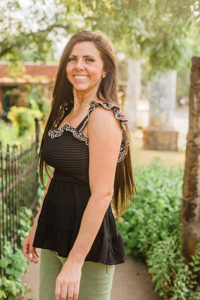 Embroidered Black Ruffle Tank