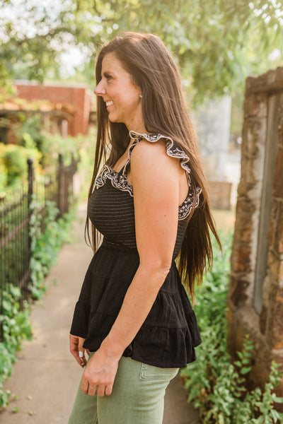 Embroidered Black Ruffle Tank