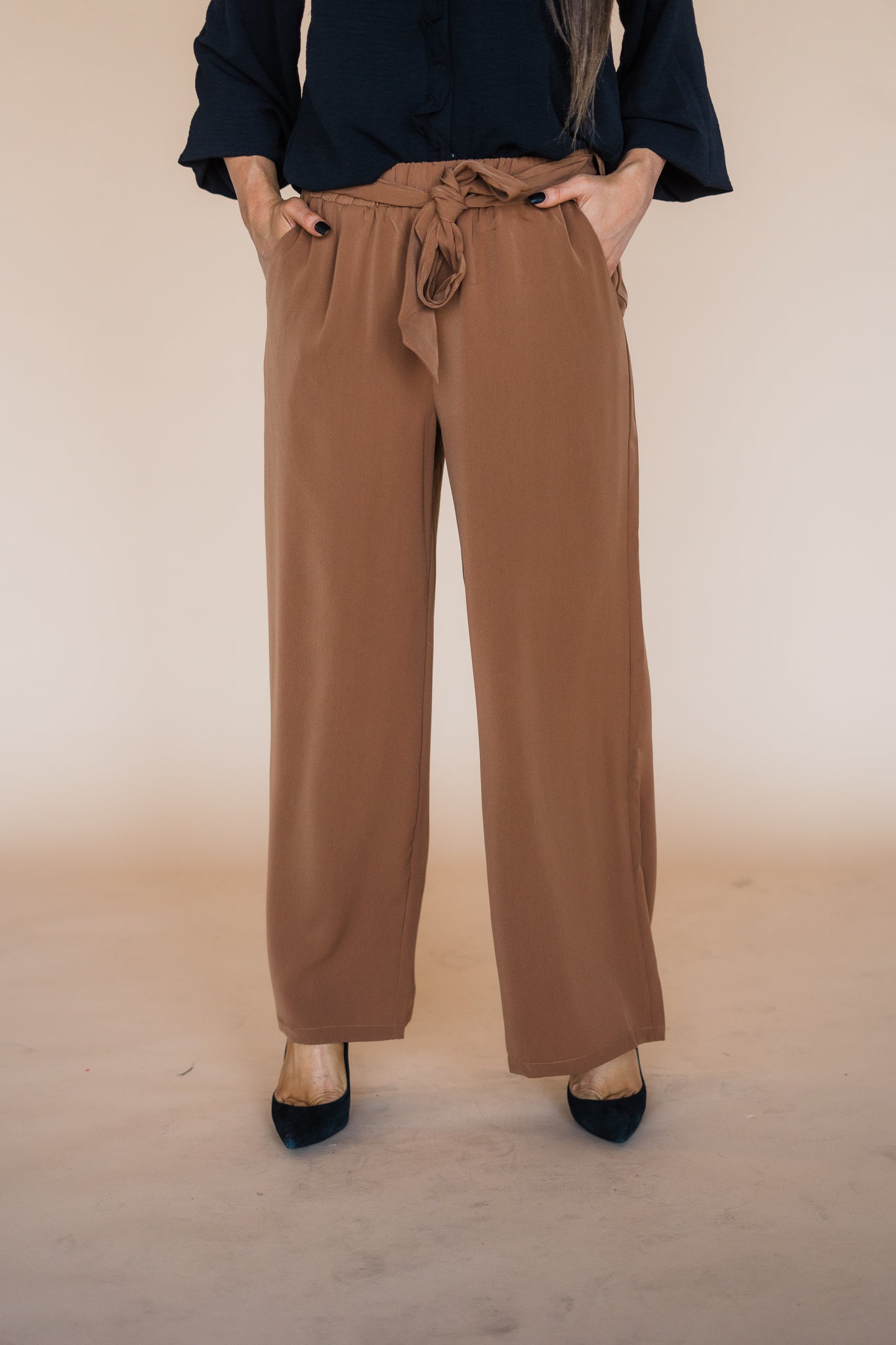 Caramel Tie Waist Crepe Wide Leg Trousers